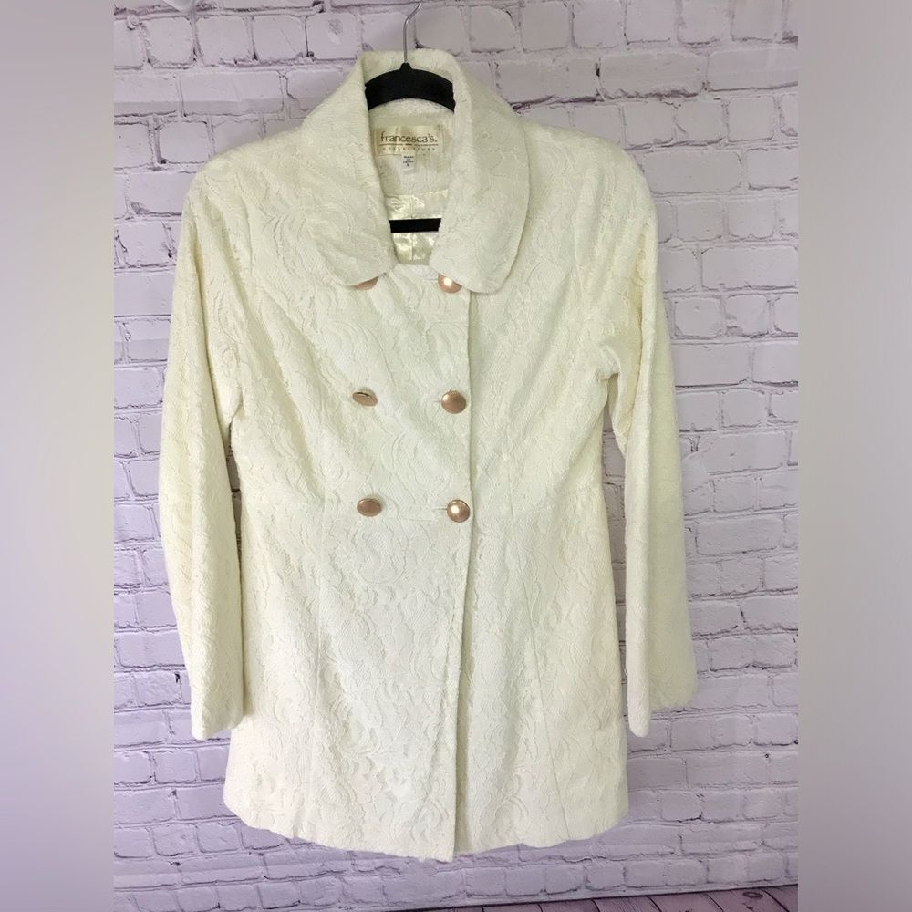 Francesca’s Collections Cream Lace Pea Coat Gold Buttons Cottagecore Size S